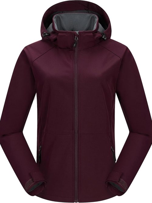 Women's Waterproof Softshell Jacket with Removable Hood Lightweight Fleece Lined Warm Insulated Rain Windbreaker