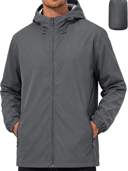 Mens Rain Jacket Lightweight Windbreaker Waterproof Raincoat Cycling Running Hiking Gear Hood Packable