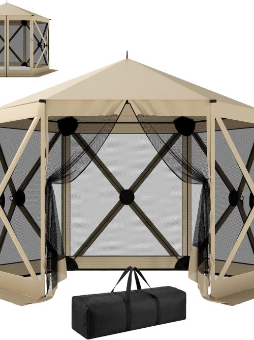 10 x 11 ft Pop Up Gazebo Screen Tent, Outdoor Portable Instant Camping Canopy Screen House Sun Shelter with Mesh Nettings, Carry Bag, Ground Stakes, Ropes for Patio, Backyard, Beige